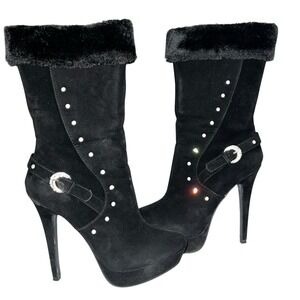 Wild Rose Dion Black Faux‎ Fur Suede Rhinestone Stiletto Boots Size 7.5 Buckle